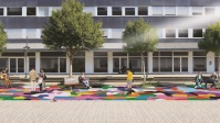 Blick auf eine Visualisierung der Aktionsfläche, die aus einem bunten Bodenmosaik besteht
