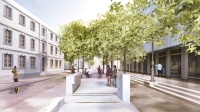 Blick auf eine Visualisierung der Aktionsfläche, auf der sich mehrere architektonische Raumelemente und Bäume gruppieren