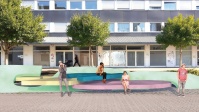 Blick auf eine Visualisierung der Aktionsfläche, auf der sich über mehrere Ebenen eine mehrfarbige Betonplastik  befindet